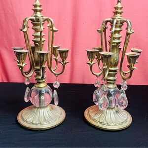 Vintage 6 arm Gold and Crystal Candle Holders candleabra with hanging crystal